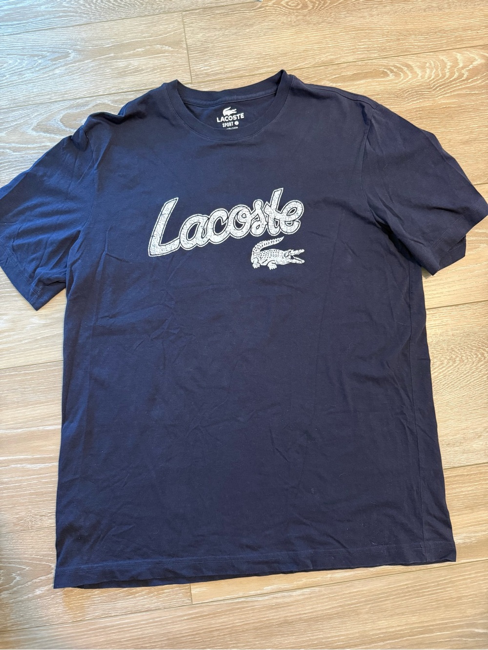 Lacoste Navy Blue Script Logo Crew Neck Tee